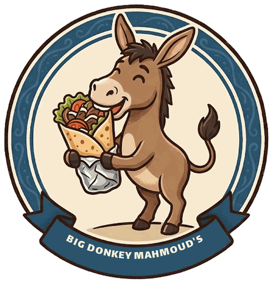 Big Donkey Mahmoud's logo: a smiling donkey holding a shawarma wrap